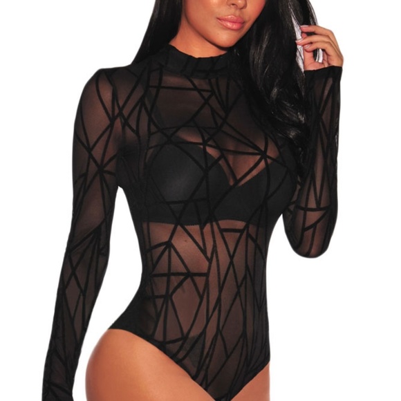 NWT Black Sheer Geometric Velvet Bodysuit - Picture 3 of 6